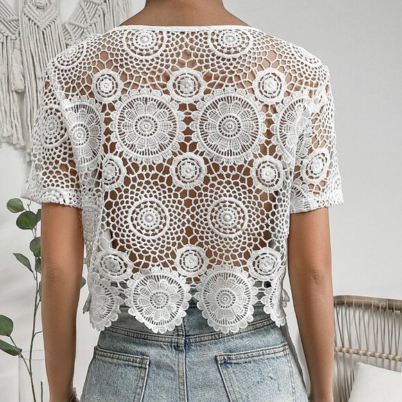 White vacay Womens Guipure Lace Insert Blouse - Picture 3 of 5